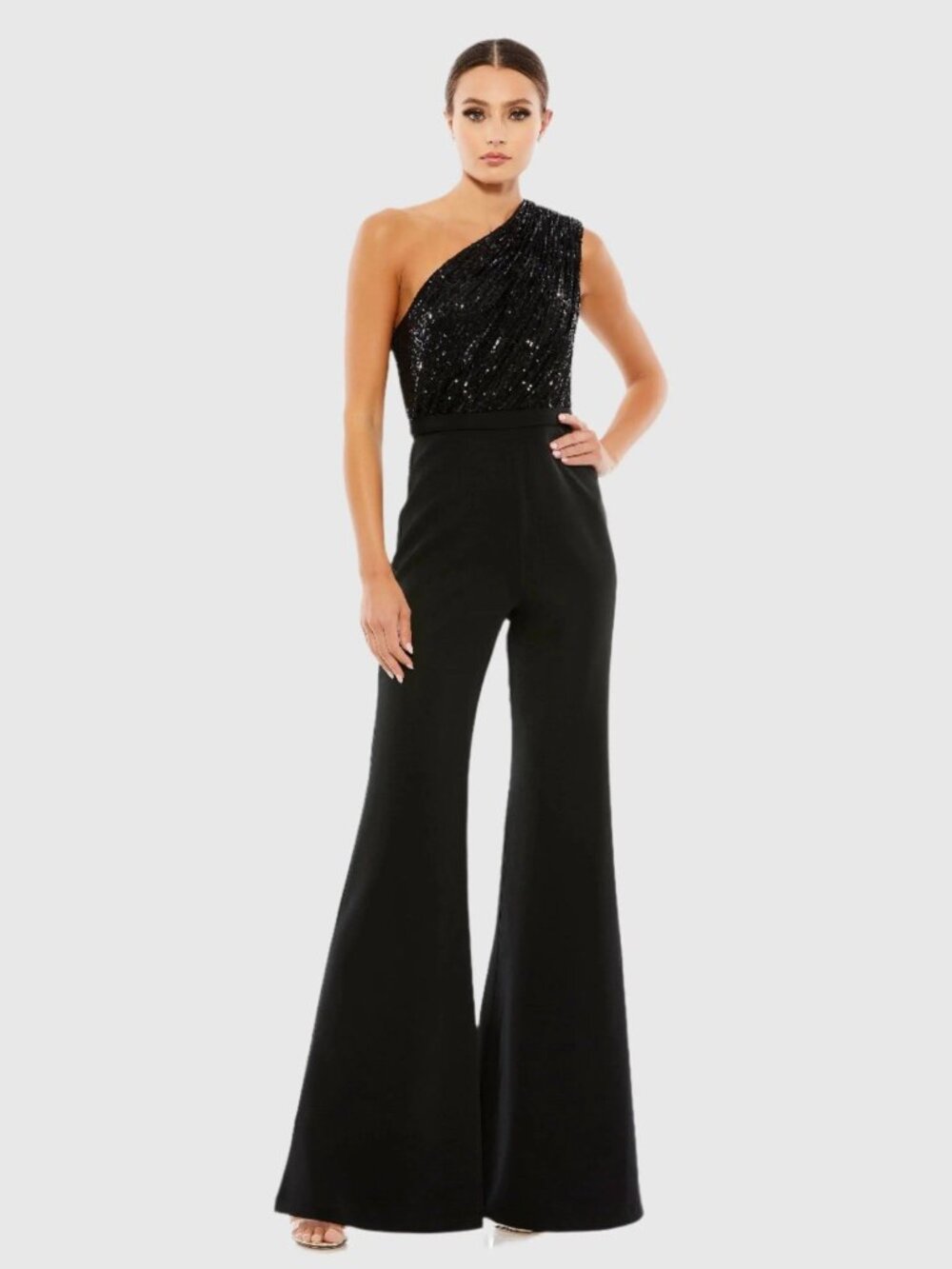 Mac Duggal Size 4 Black 26716 Jumpsuit Sequined One Shoulder Flared Leg Pant